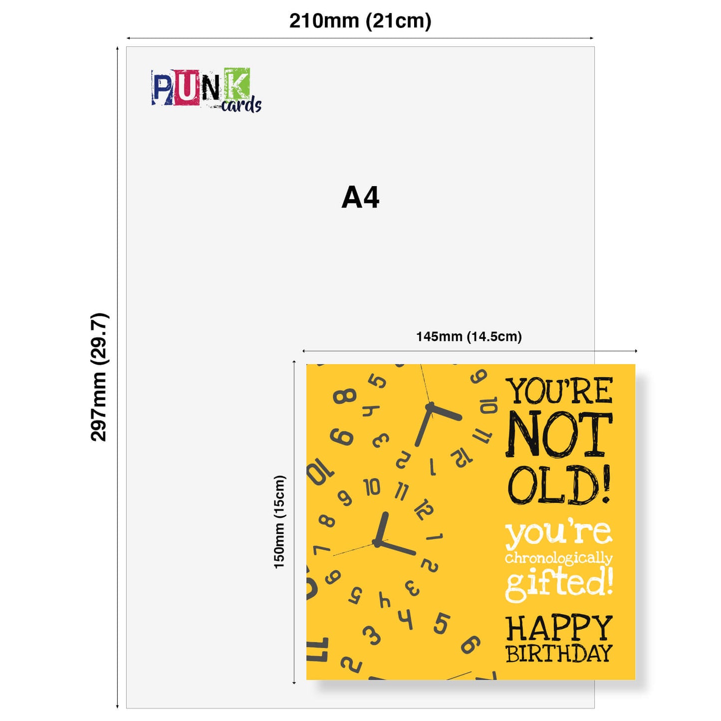 You’re Not Old – Chronologically Gifted" Yellow Clock Birthday Card