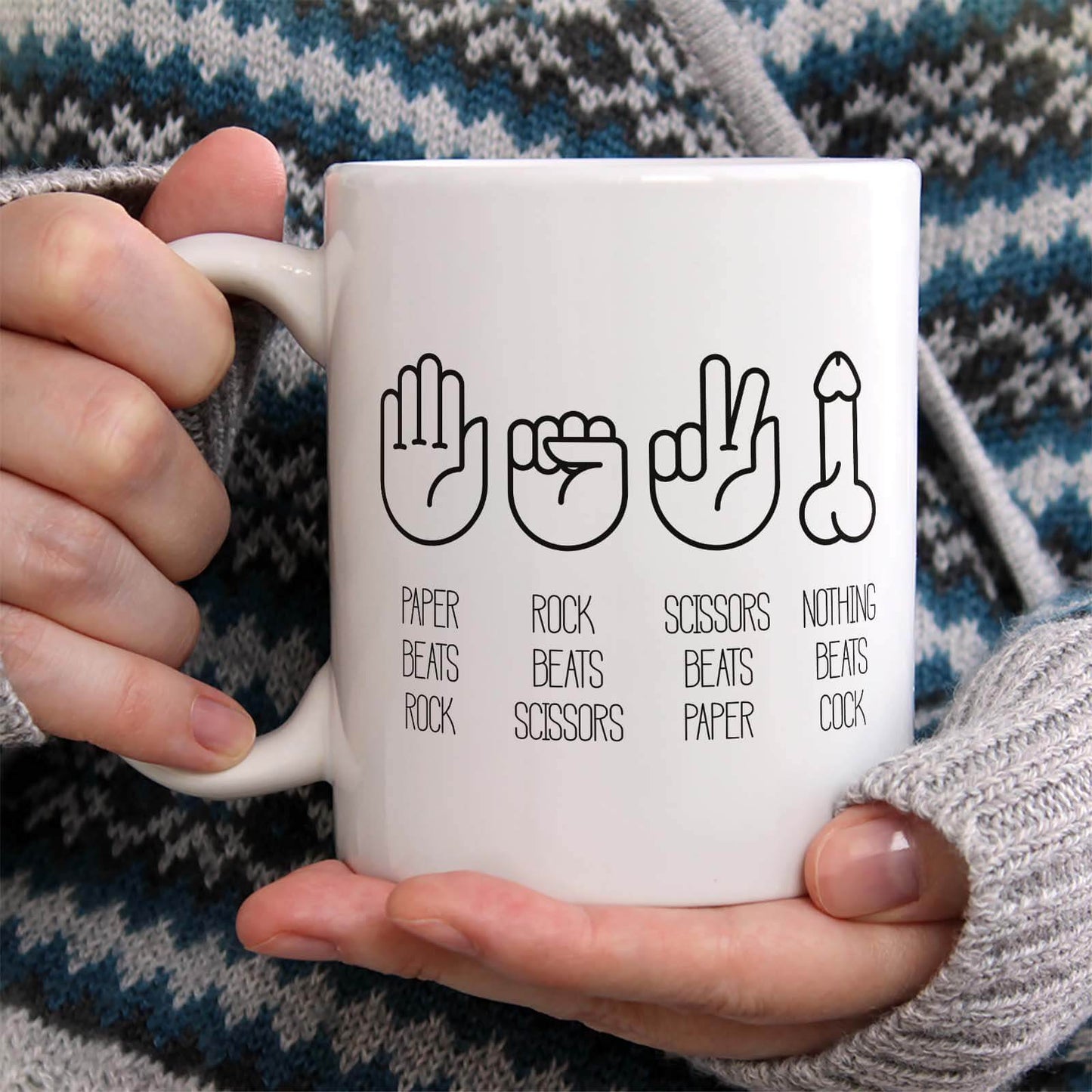 Paper beats Rock mug