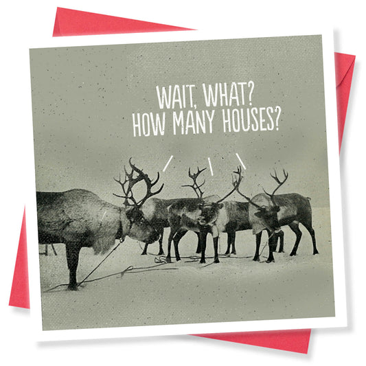 "Wait, What? How Many Houses?" - Funny Reindeer Christmas Card