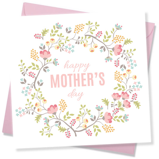 "Happy Mother’s Day – Wreath of Pink & Yellow Flowers"