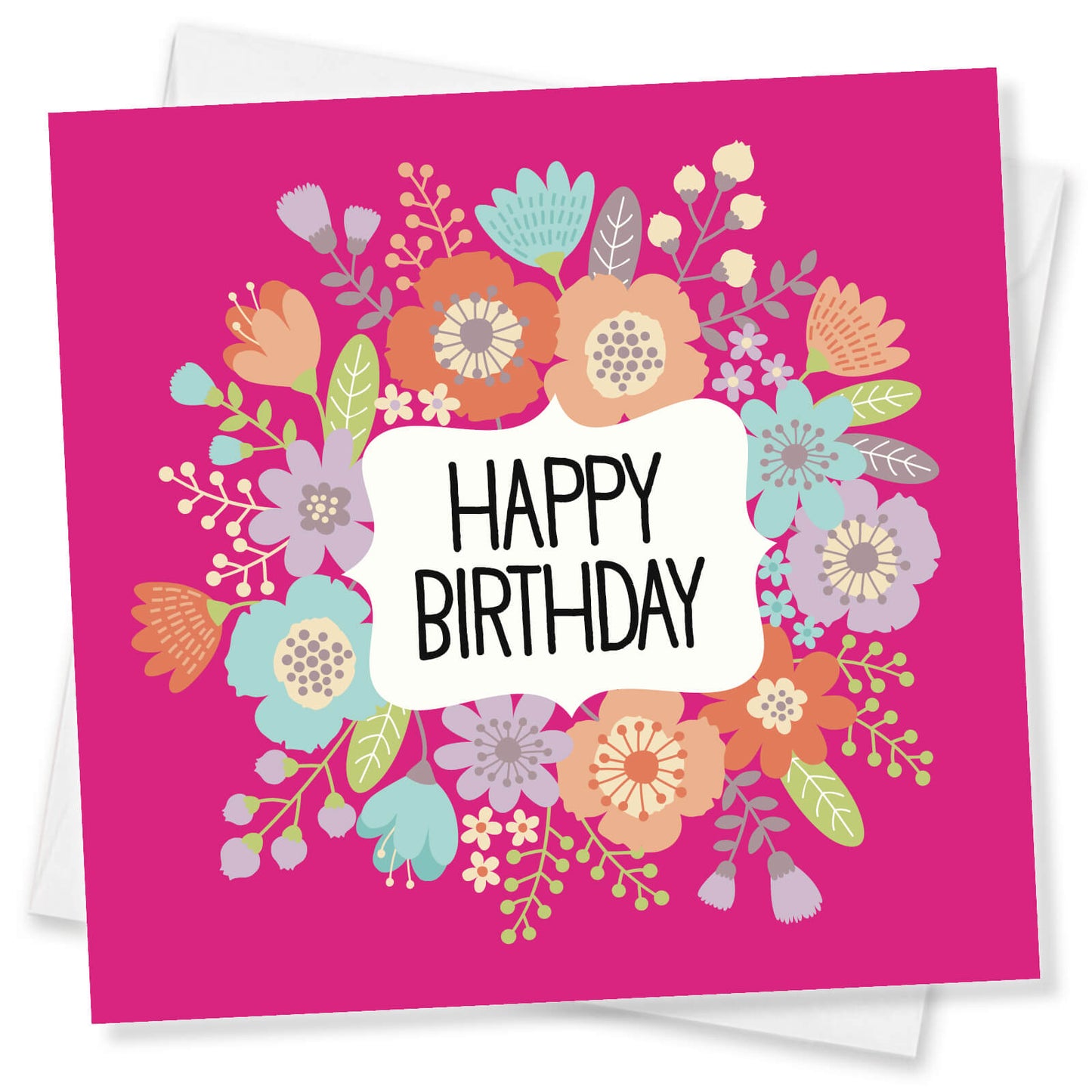 Happy Birthday – Bright Floral Wreath Card (Pink Background)