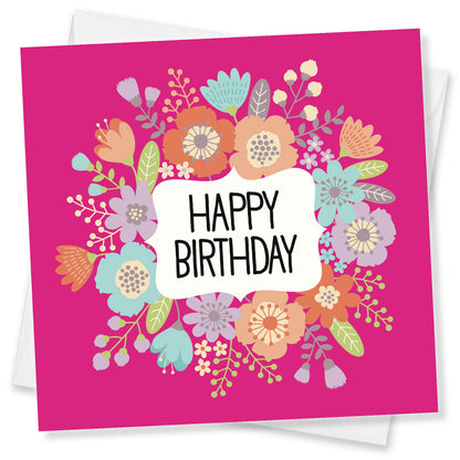 Happy Birthday – Bright Floral Wreath Card (Pink Background)