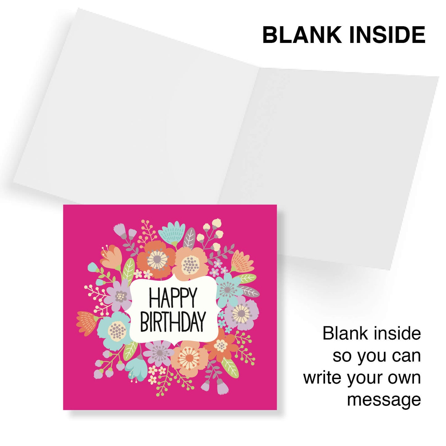 Happy Birthday – Bright Floral Wreath Card (Pink Background)