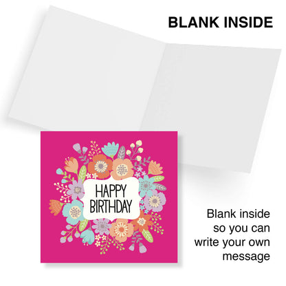 Happy Birthday – Bright Floral Wreath Card (Pink Background)