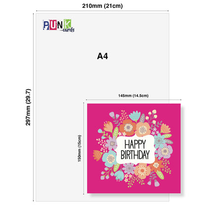 Happy Birthday – Bright Floral Wreath Card (Pink Background)