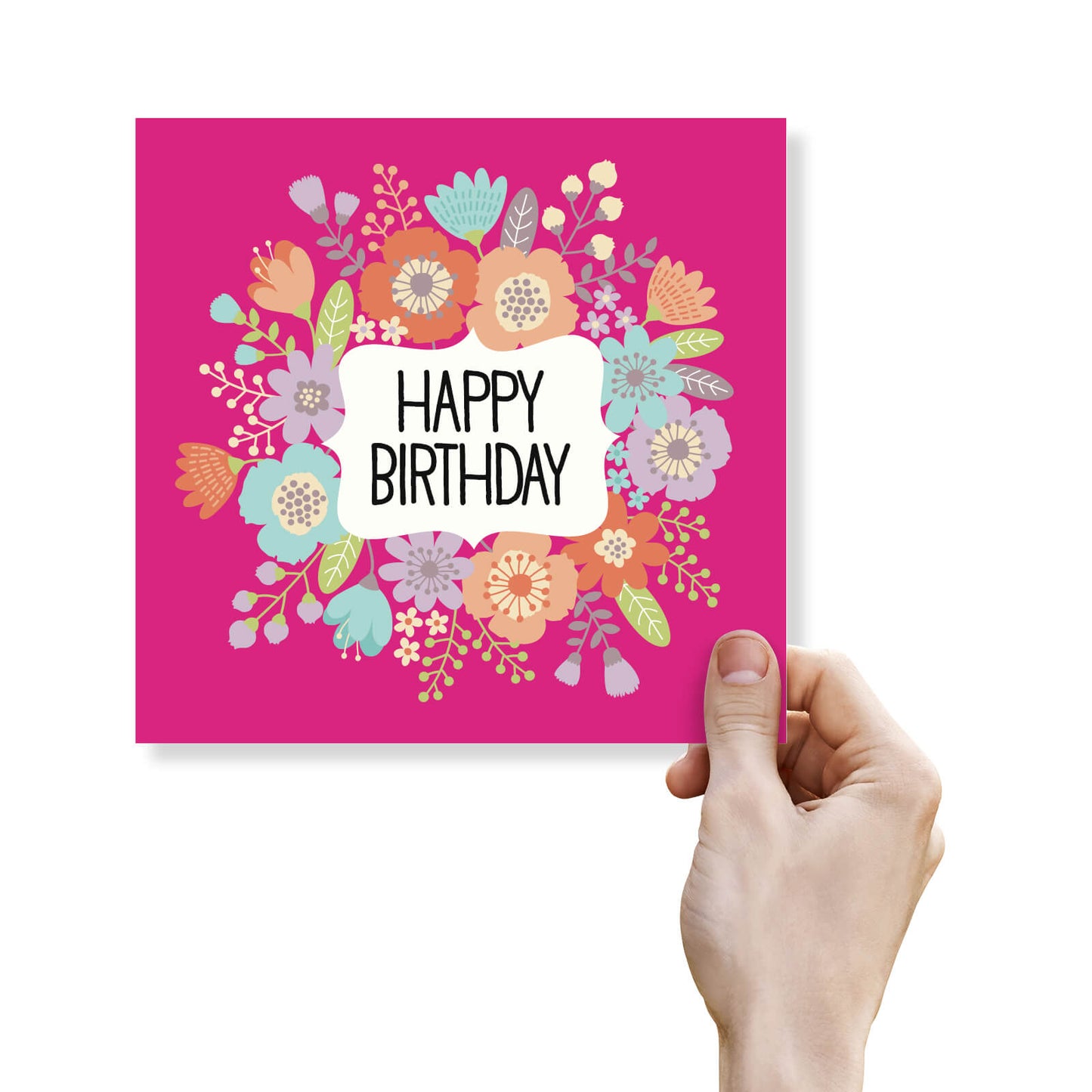 Happy Birthday – Bright Floral Wreath Card (Pink Background)