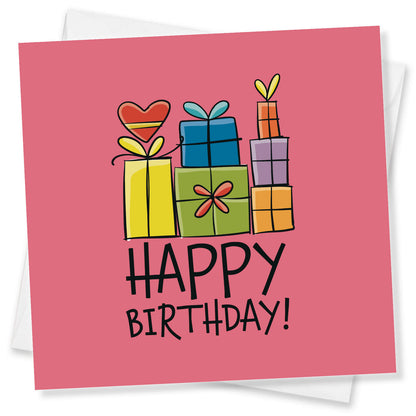 Happy Birthday – Presents Stack Card (Pink Background)