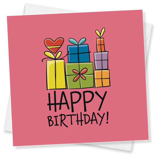 Happy Birthday – Presents Stack Card (Pink Background)