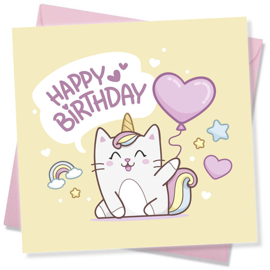 Happy Birthday – Cute Cat-Unicorn (Caticorn) Card