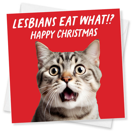 "Lesbians Eat What?! Happy Christmas" Shocked Cat Card
